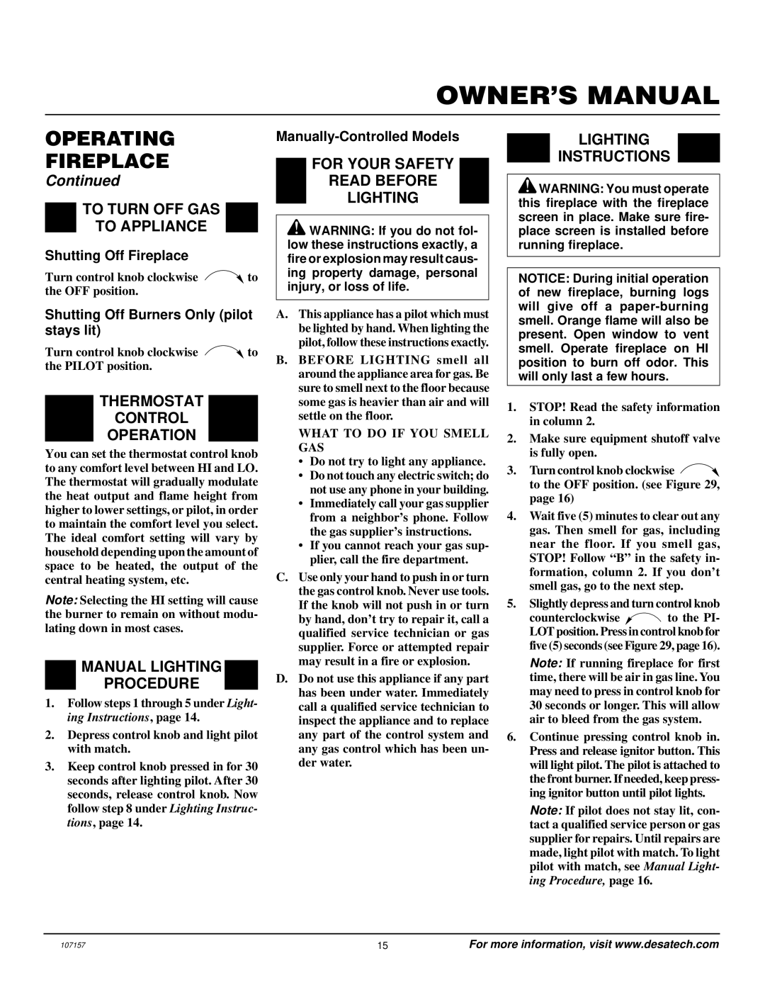 Vanguard Heating VSGF28NTC To Turn OFF GAS To Appliance, Thermostat Control Operation, Manual Lighting Procedure 