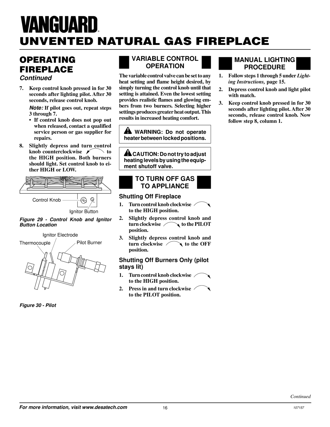 Vanguard Heating VSGF28NVA, VSGF28NTC installation manual Variable Control Operation 