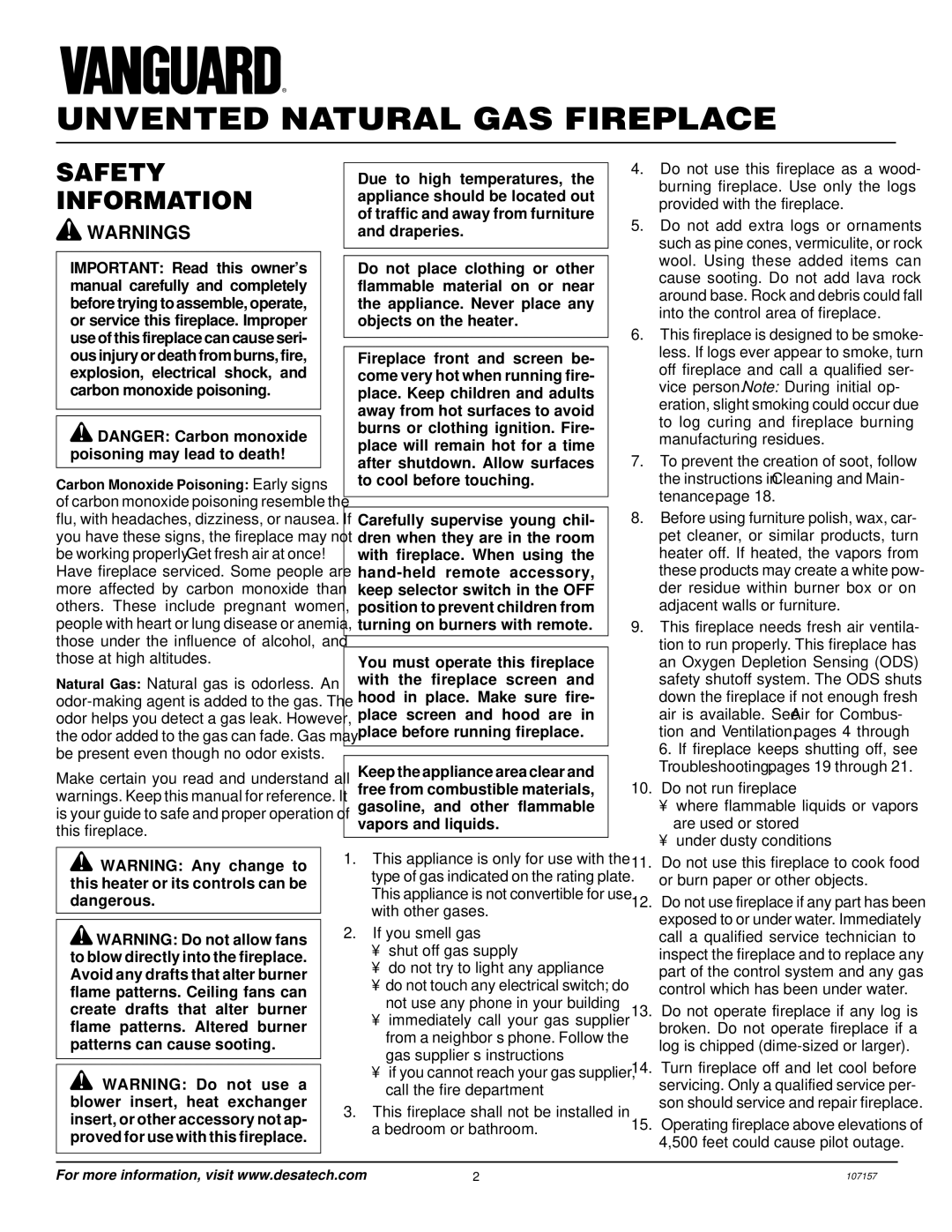 Vanguard Heating VSGF28NVA, VSGF28NTC installation manual Unvented Natural GAS Fireplace, Safety Information 