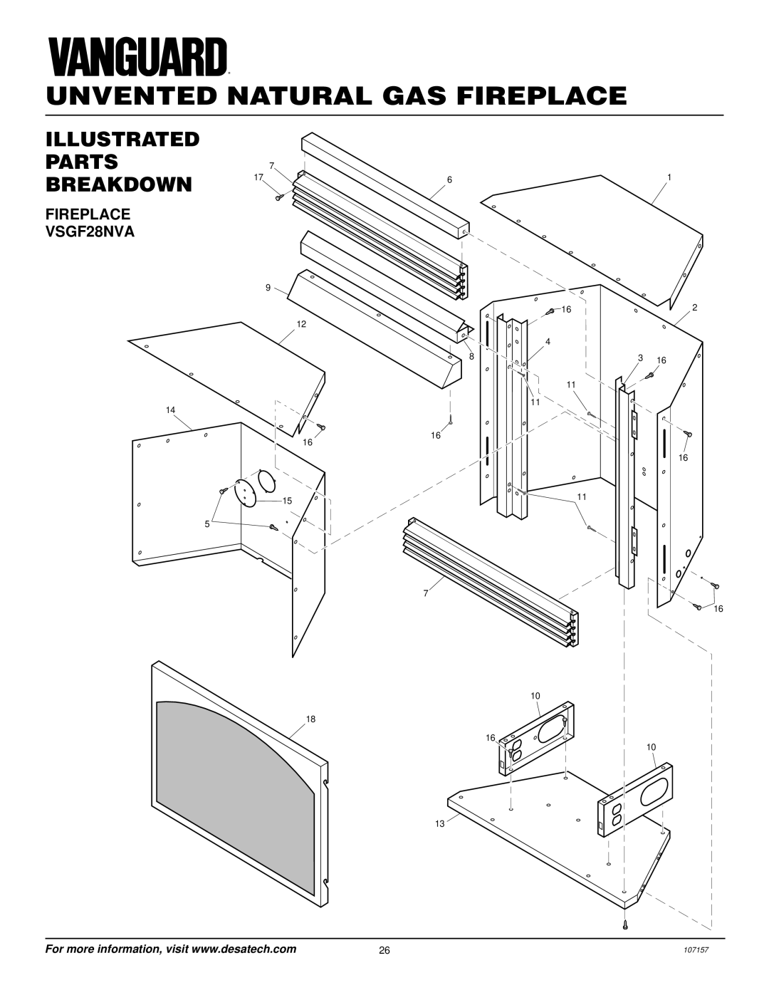 Vanguard Heating VSGF28NTC installation manual Illustrated PARTS7 Breakdown, Fireplace VSGF28NVA 