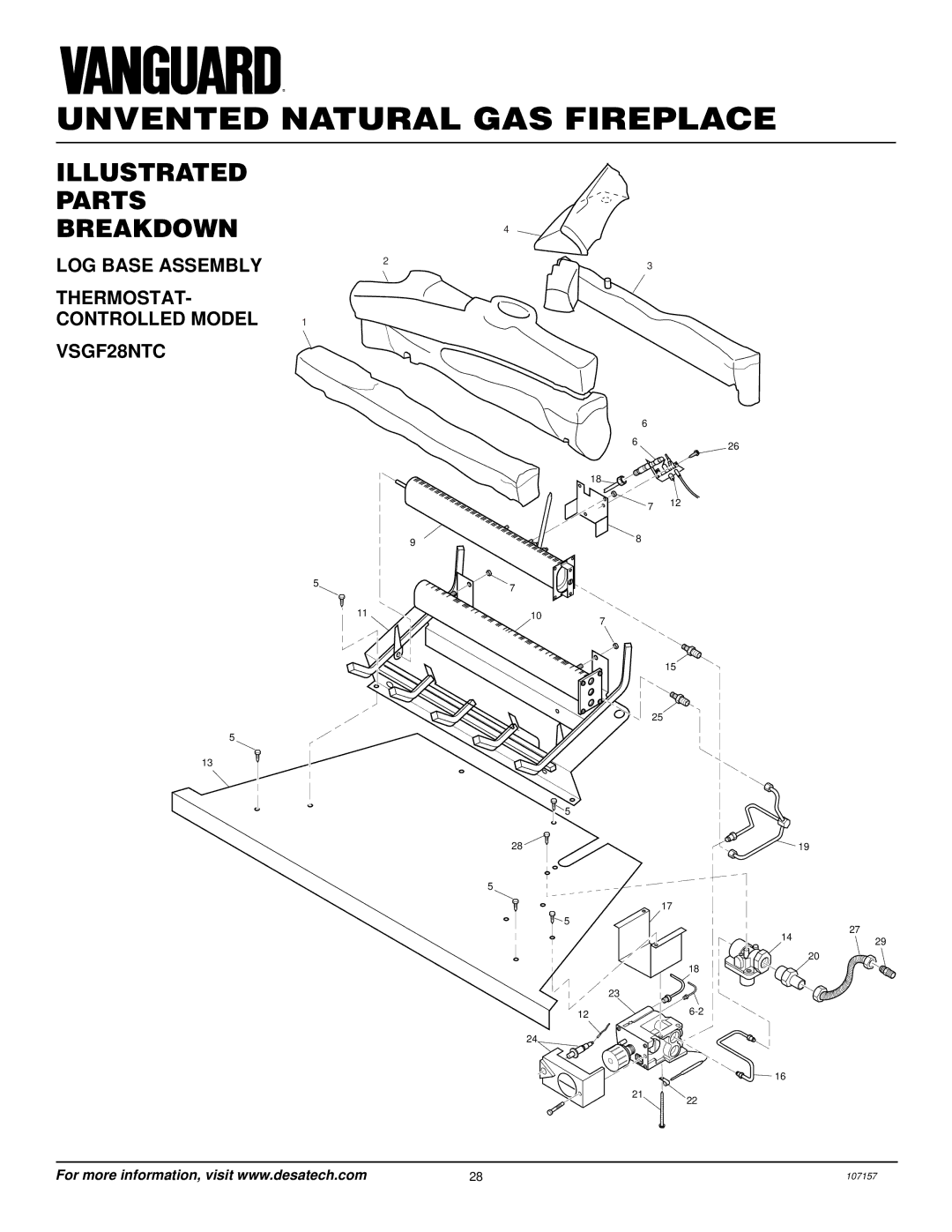 Vanguard Heating VSGF28NVA Illustrated Parts Breakdown, LOG Base Assembly THERMOSTAT- Controlled Model VSGF28NTC 