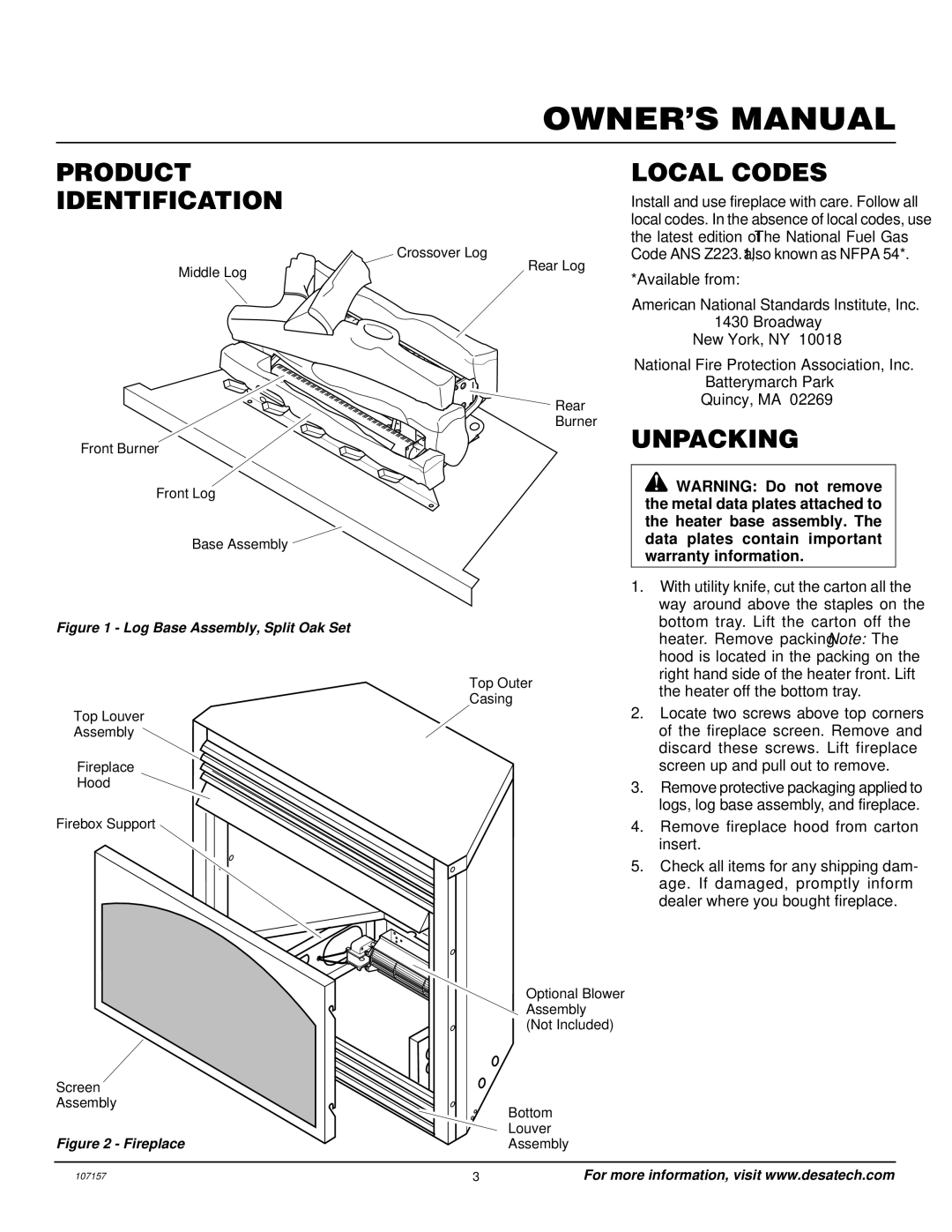 Vanguard Heating VSGF28NTC, VSGF28NVA installation manual Product Identification, Local Codes, Unpacking 