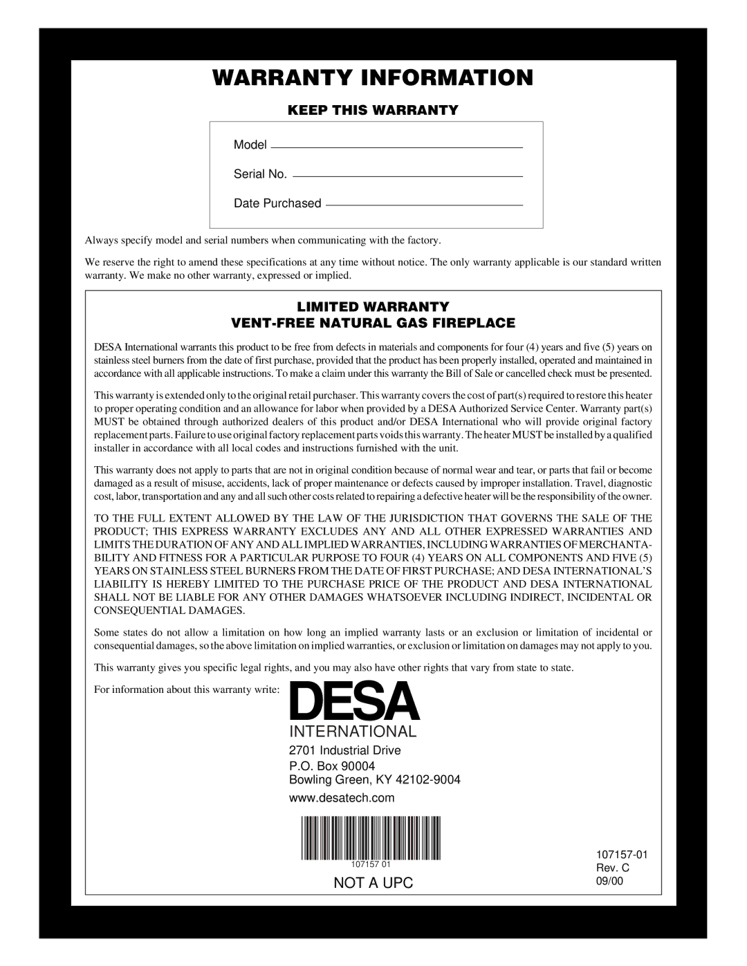 Vanguard Heating VSGF28NVA, VSGF28NTC installation manual Warranty Information 