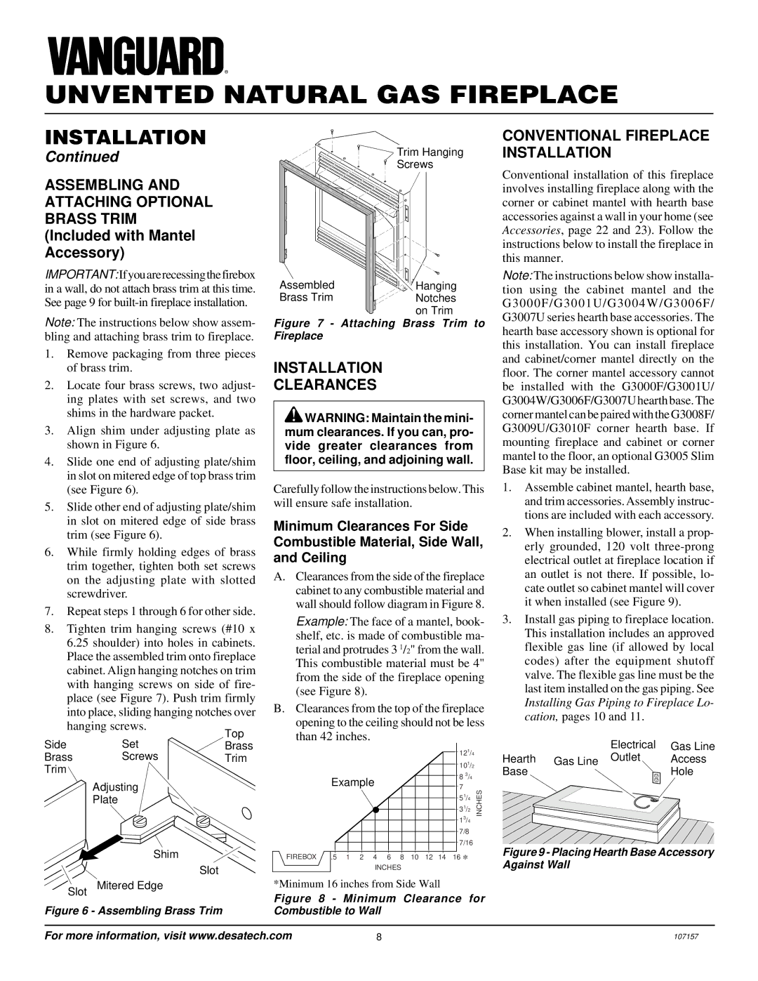 Vanguard Heating VSGF28NVA, VSGF28NTC installation manual Installation Clearances, Conventional Fireplace Installation 