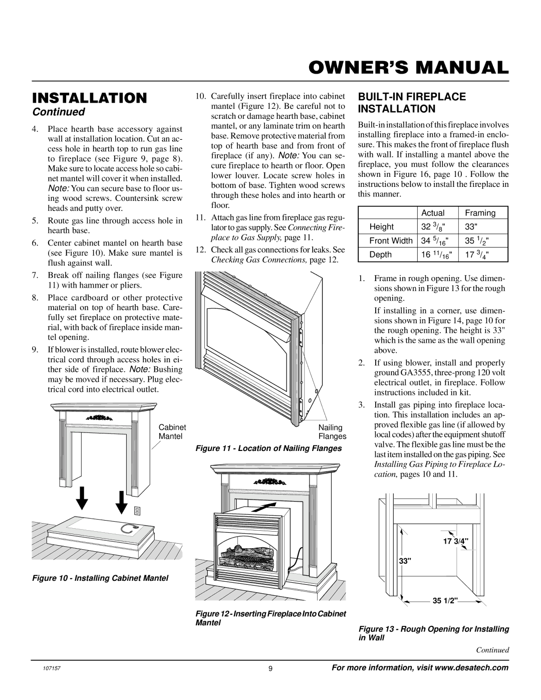 Vanguard Heating VSGF28NTC, VSGF28NVA BUILT-IN Fireplace Installation, Actual Framing Height 32 3/8 Front Width Depth 