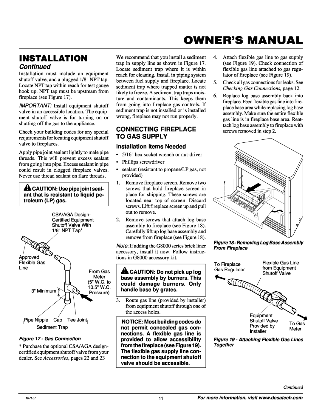 Vanguard Heating VSGF28NTC, VSGF28NVA installation manual Connecting Fireplace To Gas Supply, Installation, Continued 