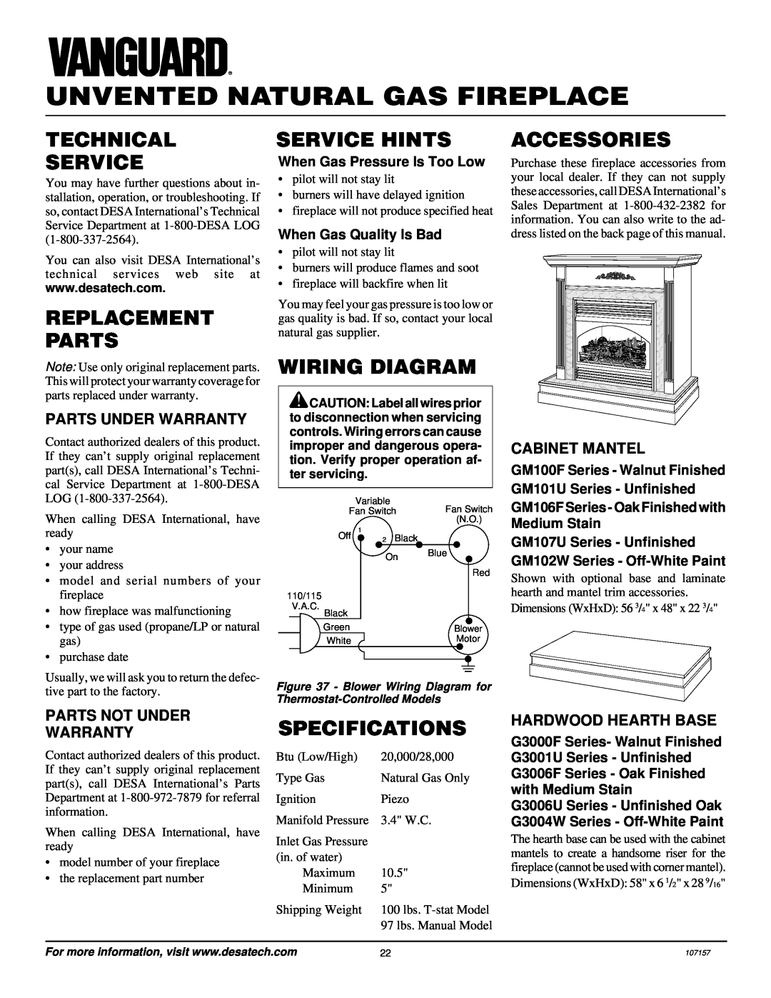 Vanguard Heating VSGF28NVA Technical Service, Replacement Parts, Service Hints, Wiring Diagram, Accessories, ¢Q¢Qqqq¢¢¢¢Q 