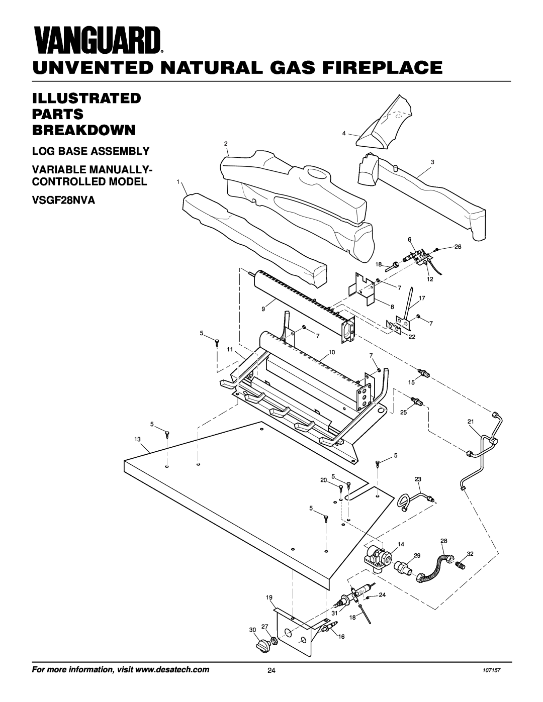 Vanguard Heating VSGF28NVA, VSGF28NTC Illustrated Parts Breakdown, Log Base Assembly, Variable Manually, Controlled Model 