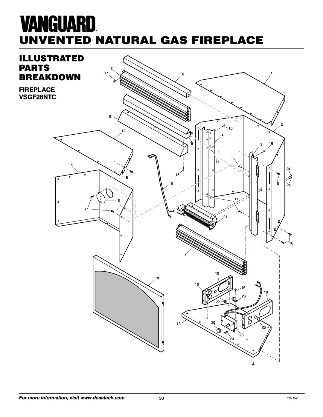 Vanguard Heating VSGF28NVA FIREPLACE VSGF28NTC, Unvented Natural Gas Fireplace, Illustrated Parts Breakdown, 107157 