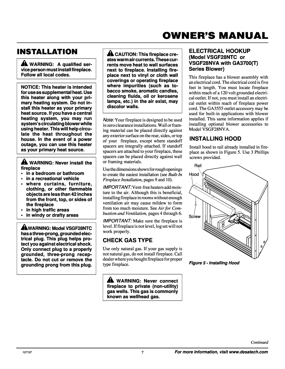 Vanguard Heating VSGF28NTC, VSGF28NVA installation manual Installation, Check Gas Type, Electrical Hookup, Installing Hood 