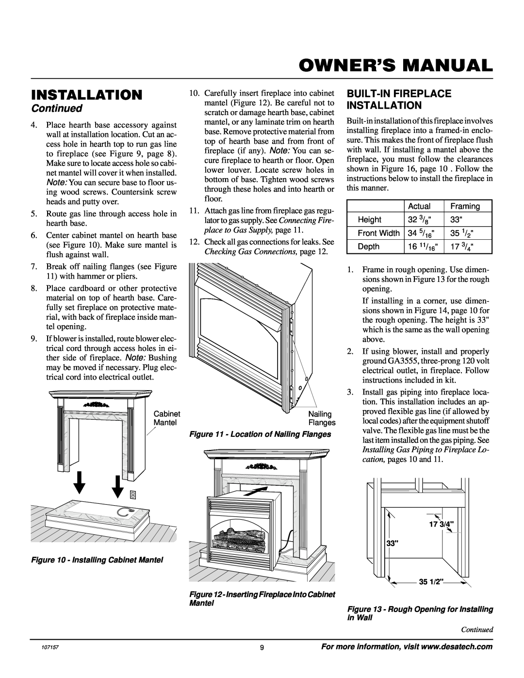 Vanguard Heating VSGF28NTC, VSGF28NVA installation manual Built-Infireplace Installation, Continued 