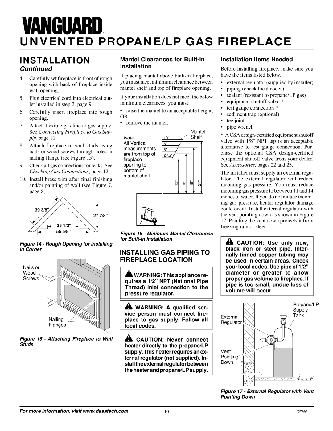 Vanguard Heating VSGF28PTC Installing GAS Piping to Fireplace Location, Mantel Clearances for Built-In Installation 