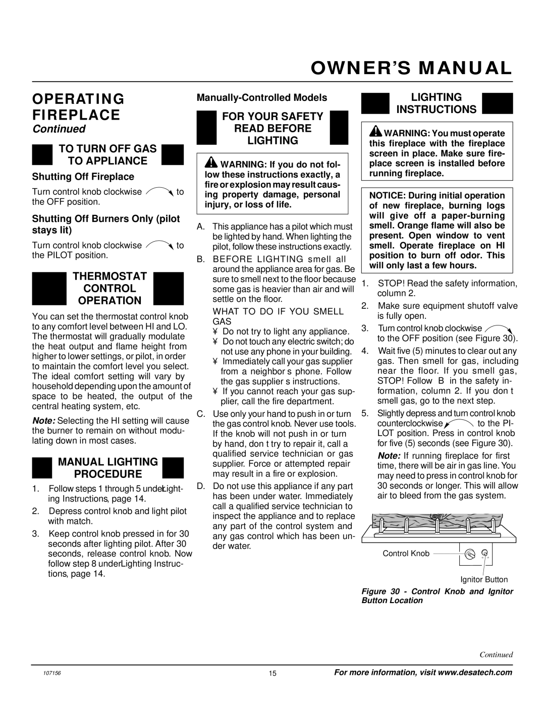 Vanguard Heating VSGF28PVA To Turn OFF GAS To Appliance, Thermostat Control Operation, Manual Lighting Procedure 