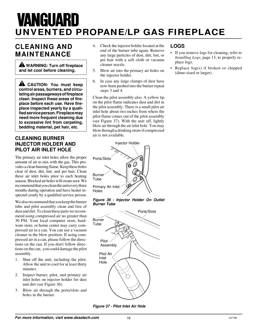 Vanguard Heating VSGF28PTC Cleaning and Maintenance, Cleaning Burner Injector Holder and Pilot AIR Inlet Hole, Logs 