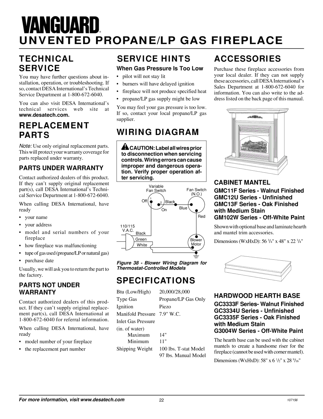 Vanguard Heating VSGF28PTC, VSGF28PVA Technical Service, Replacement Parts, Service Hints, Wiring Diagram, Specifications 