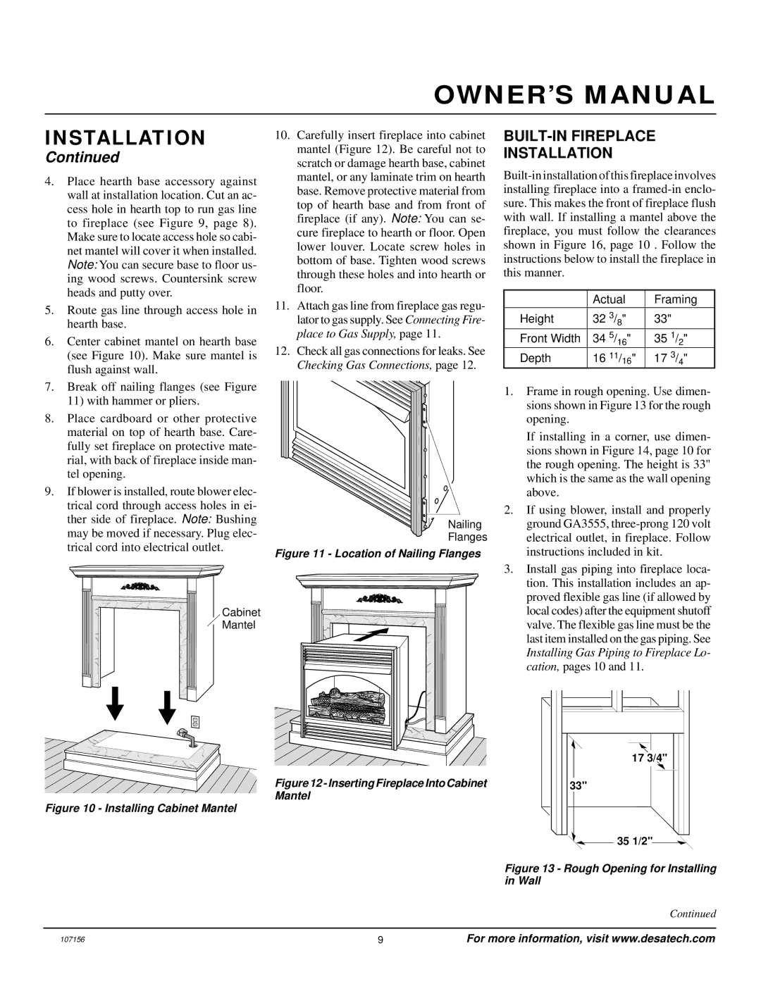 Vanguard Heating VSGF28PVA, VSGF28PTC BUILT-IN Fireplace Installation, Actual Framing Height 32 3/8 Front Width Depth 