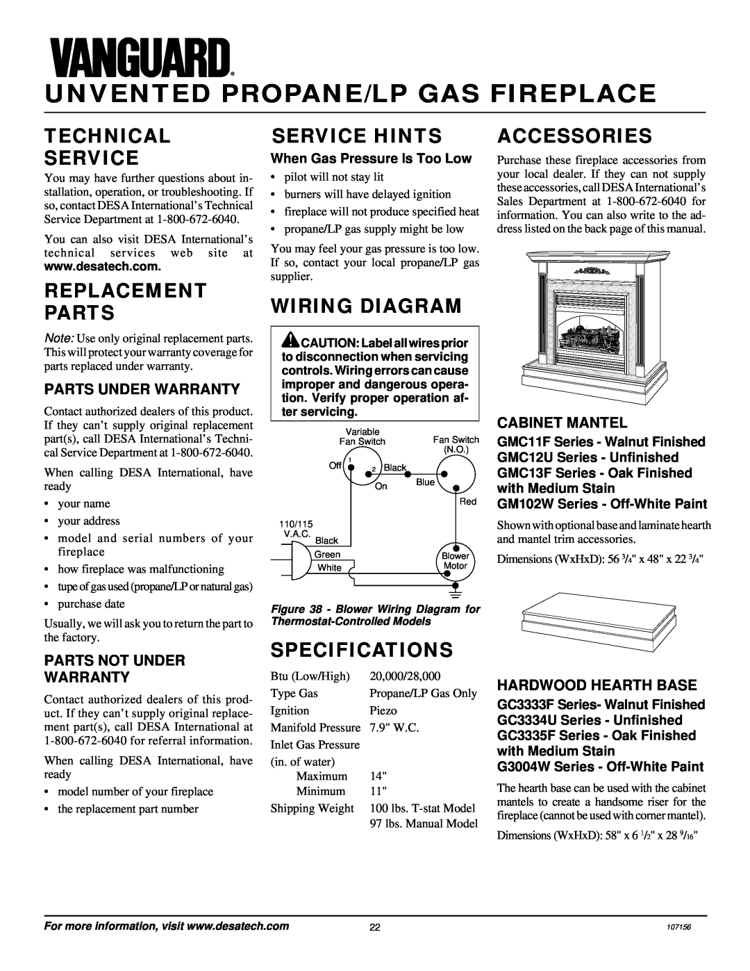 Vanguard Heating VSGF28PTC, VSGF28PVA Technical Service, Replacement Parts, Service Hints, Wiring Diagram, Specifications 