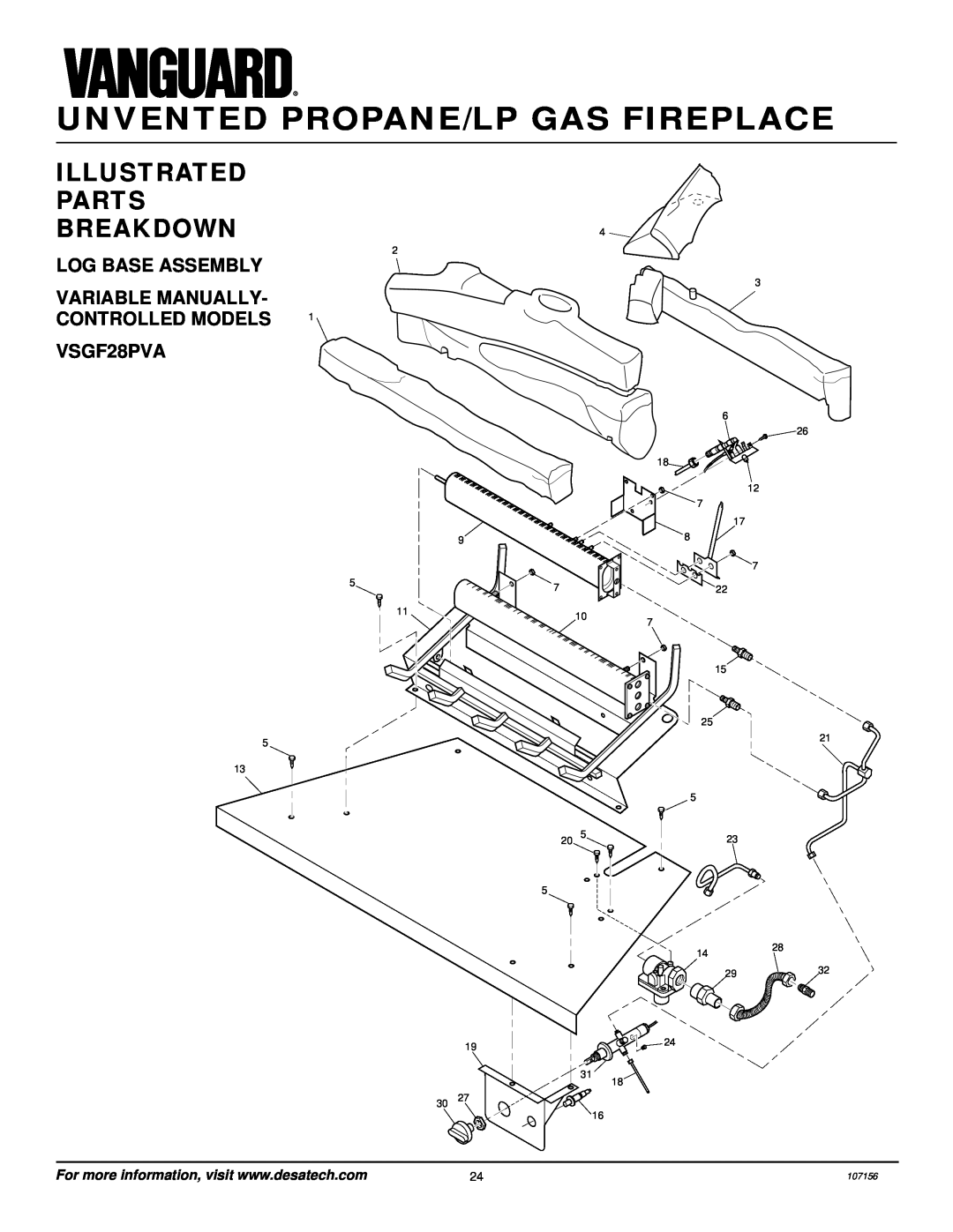 Vanguard Heating VSGF28PTC Illustrated, Parts, Breakdown, Log Base Assembly, Variable Manually, Controlled Models 
