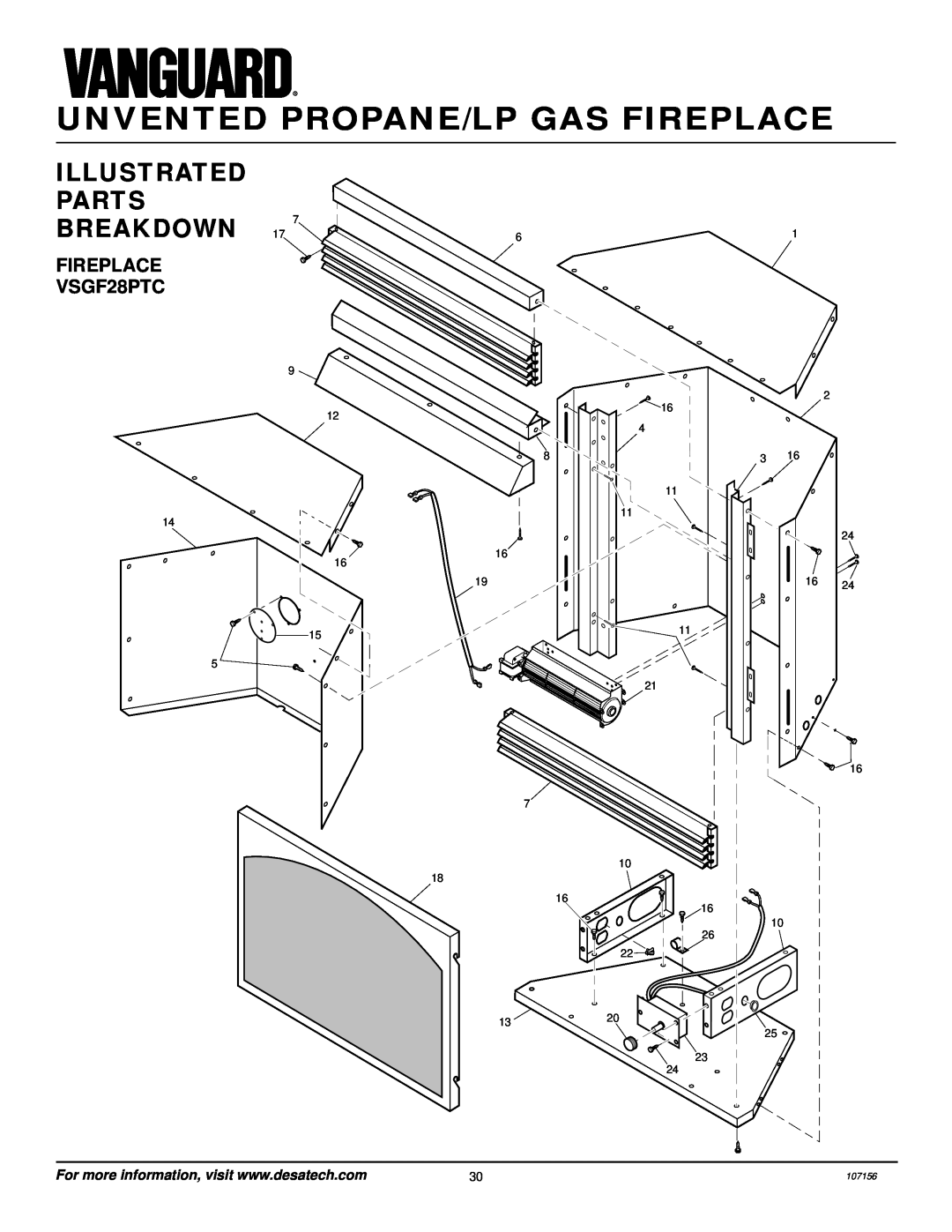 Vanguard Heating FIREPLACE VSGF28PTC, Unvented Propane/Lp Gas Fireplace, Illustrated Parts Breakdown, 8 16 19 7, 107156 