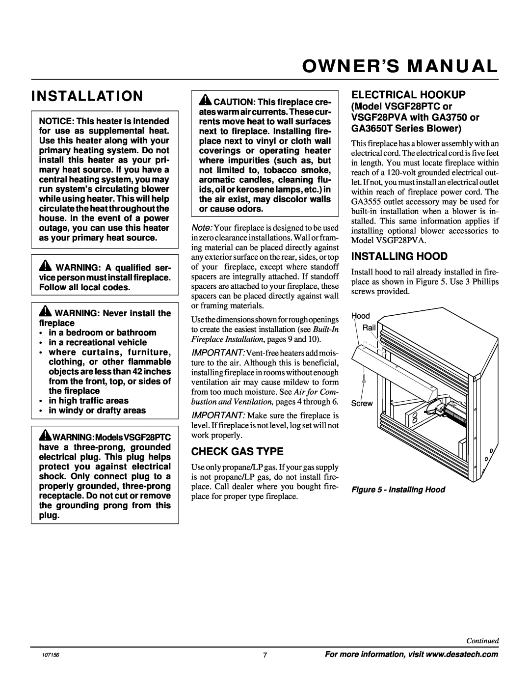 Vanguard Heating VSGF28PVA, VSGF28PTC installation manual Installation, Check Gas Type, Electrical Hookup, Installing Hood 