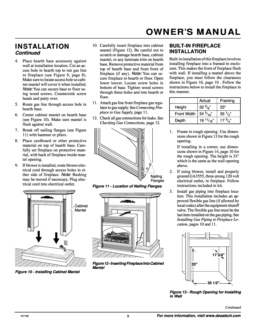 Vanguard Heating VSGF28PVA, VSGF28PTC installation manual Built-Infireplace Installation, Continued 