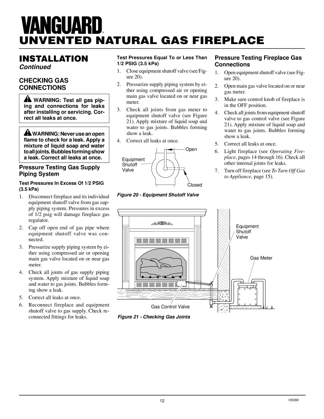 Vanguard Heating VYGF33NRA installation manual Checking GAS Connections, Pressure Testing Gas Supply Piping System 