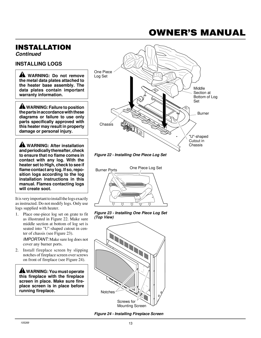 Vanguard Heating VYGF33NRA installation manual Installing Logs, Installing One Piece Log Set 