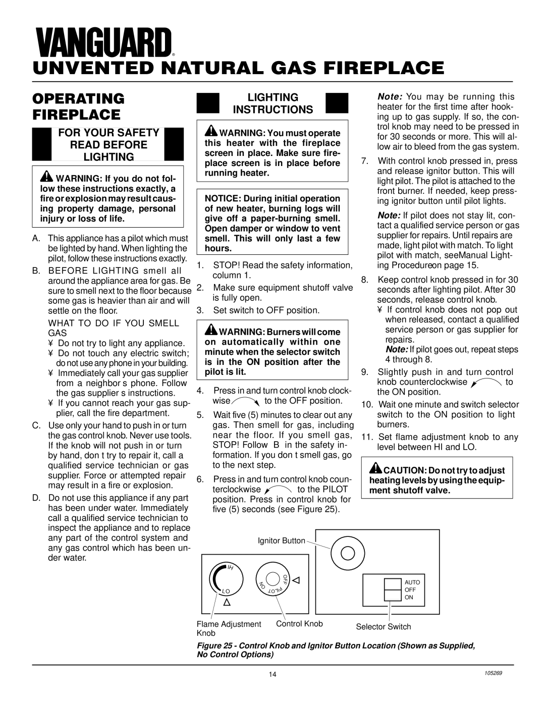 Vanguard Heating VYGF33NRA Operating Fireplace, For Your Safety Read Before Lighting, Lighting Instructions 