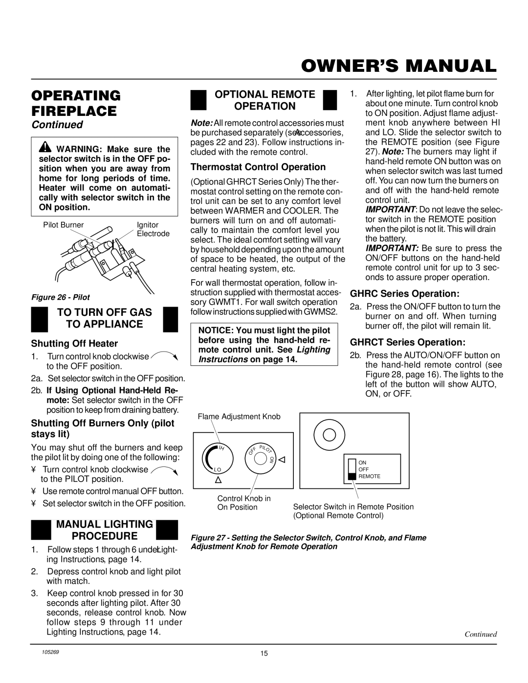 Vanguard Heating VYGF33NRA To Turn OFF GAS To Appliance, Optional Remote Operation, Manual Lighting Procedure 