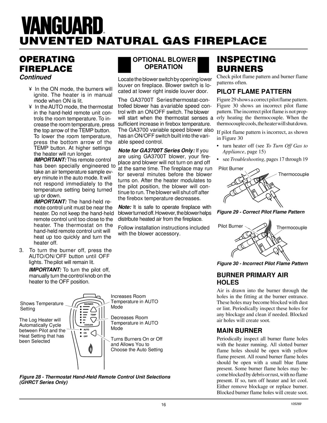 Vanguard Heating VYGF33NRA Inspecting Burners, Optional Blower Operation, Pilot Flame Pattern, Burner Primary AIR Holes 