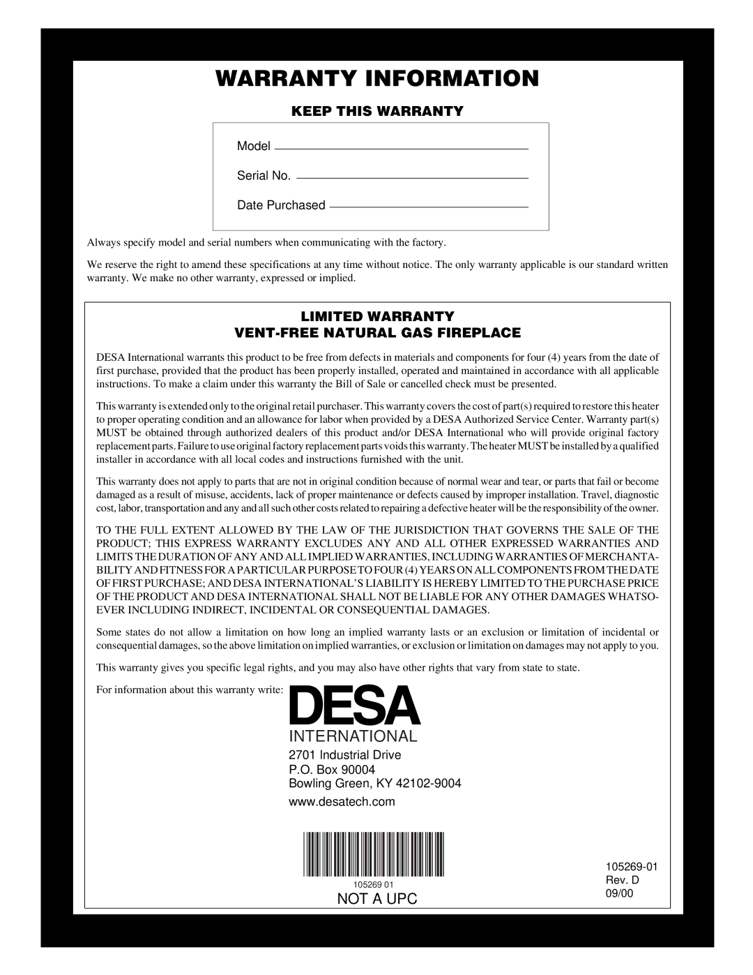 Vanguard Heating VYGF33NRA installation manual Warranty Information 