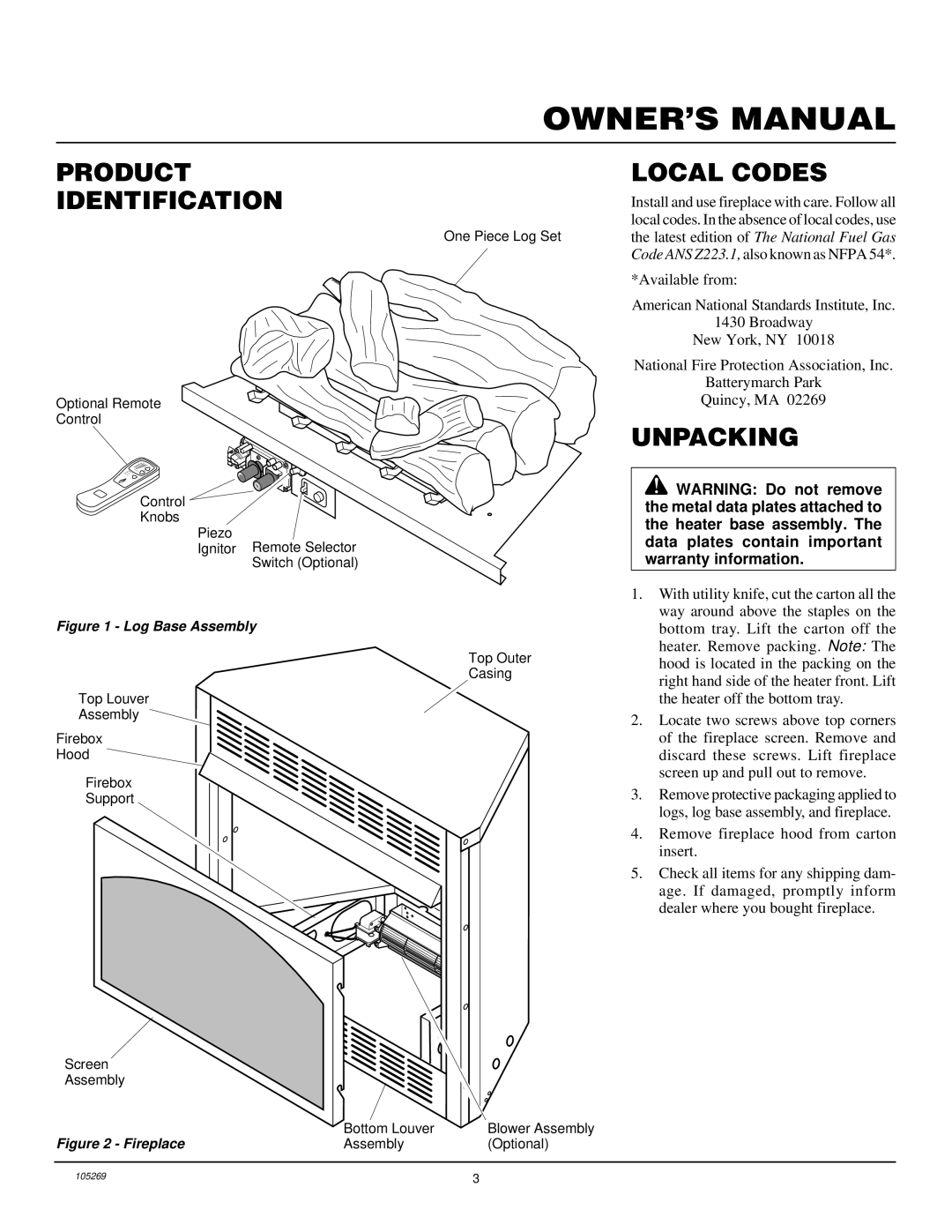 Vanguard Heating VYGF33NRA installation manual Product Identification, Local Codes, Unpacking 