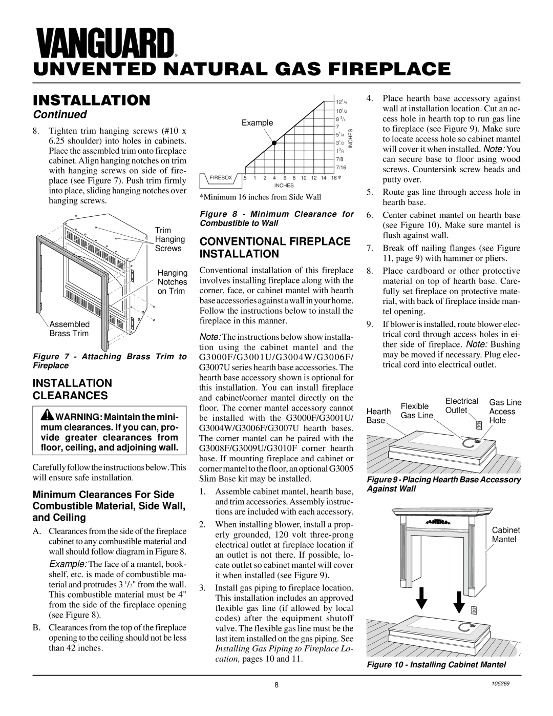 Vanguard Heating VYGF33NRA installation manual Installation Clearances, Conventional Fireplace Installation 