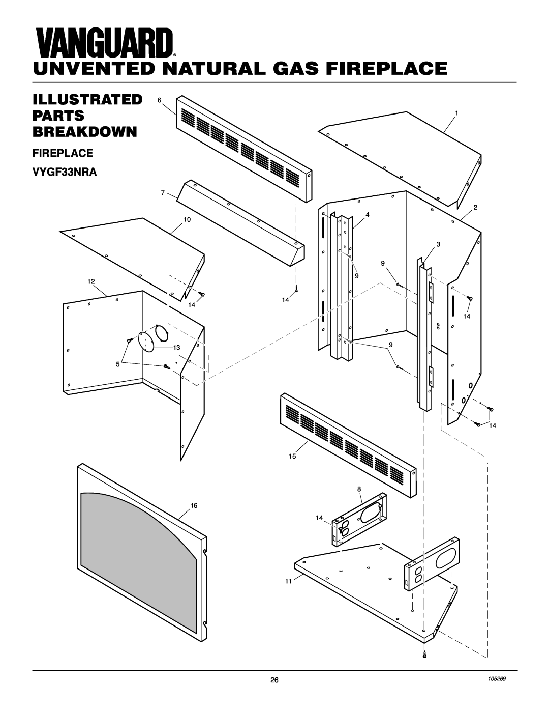 Vanguard Heating FIREPLACE VYGF33NRA, Unvented Natural Gas Fireplace, Illustrated Parts Breakdown, 7 10 12 14, 1 2 3 