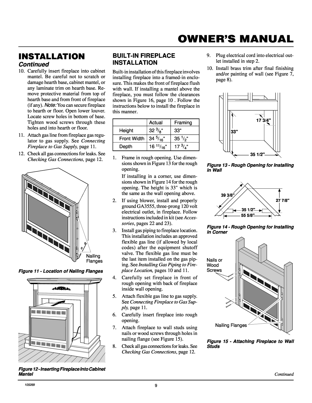 Vanguard Heating VYGF33NRA installation manual Built-Infireplace Installation, Continued 