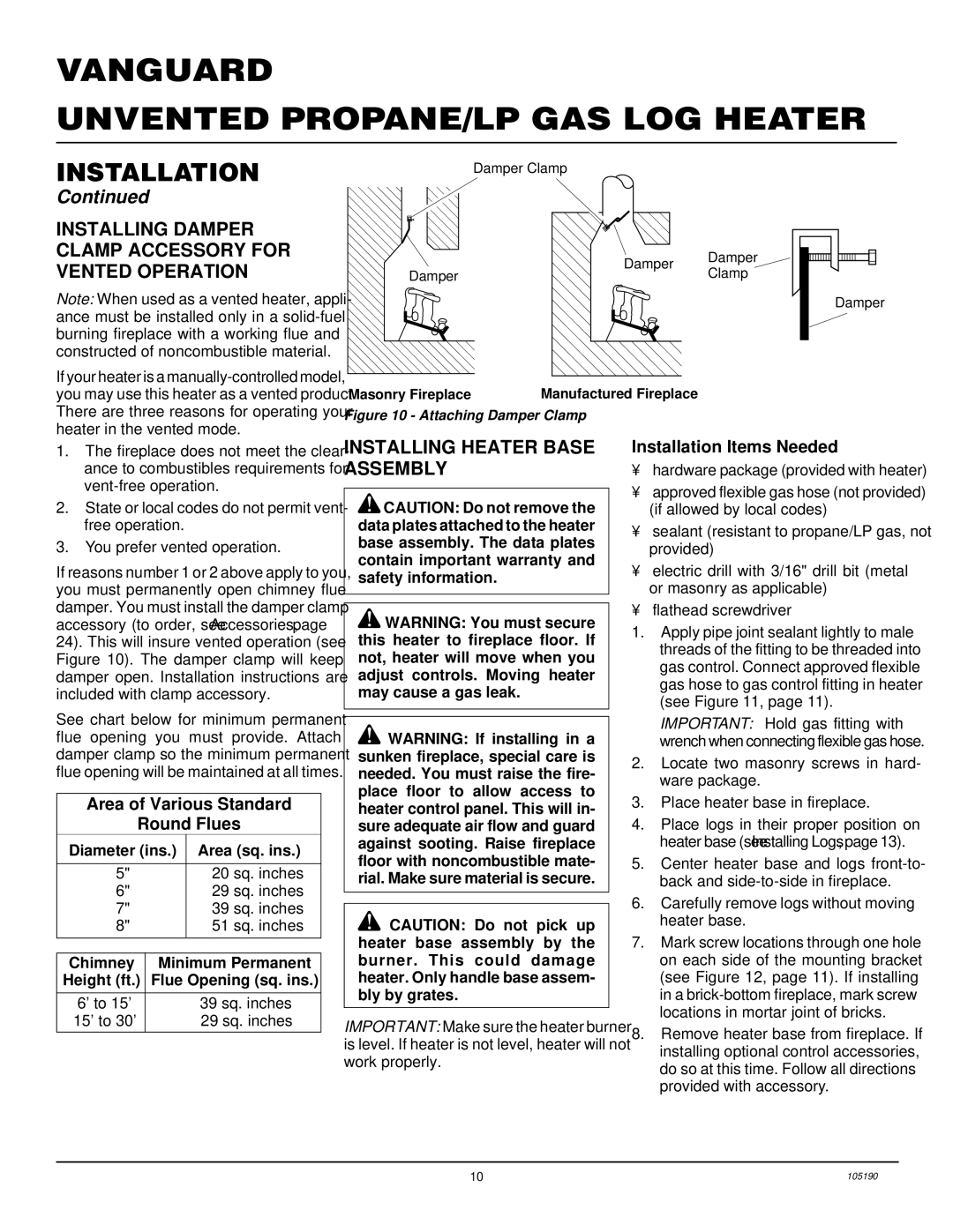 Vanguard Heating VYS30PWA Installing Damper Clamp Accessory for Vented Operation, Installing Heater Base Assembly 