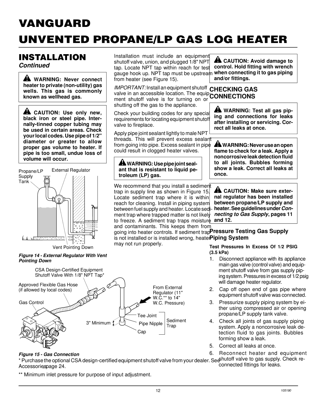 Vanguard Heating VYS24PWA, VYS30PWA, VYS18PWA Checking GAS Connections, Pressure Testing Gas Supply Piping System 