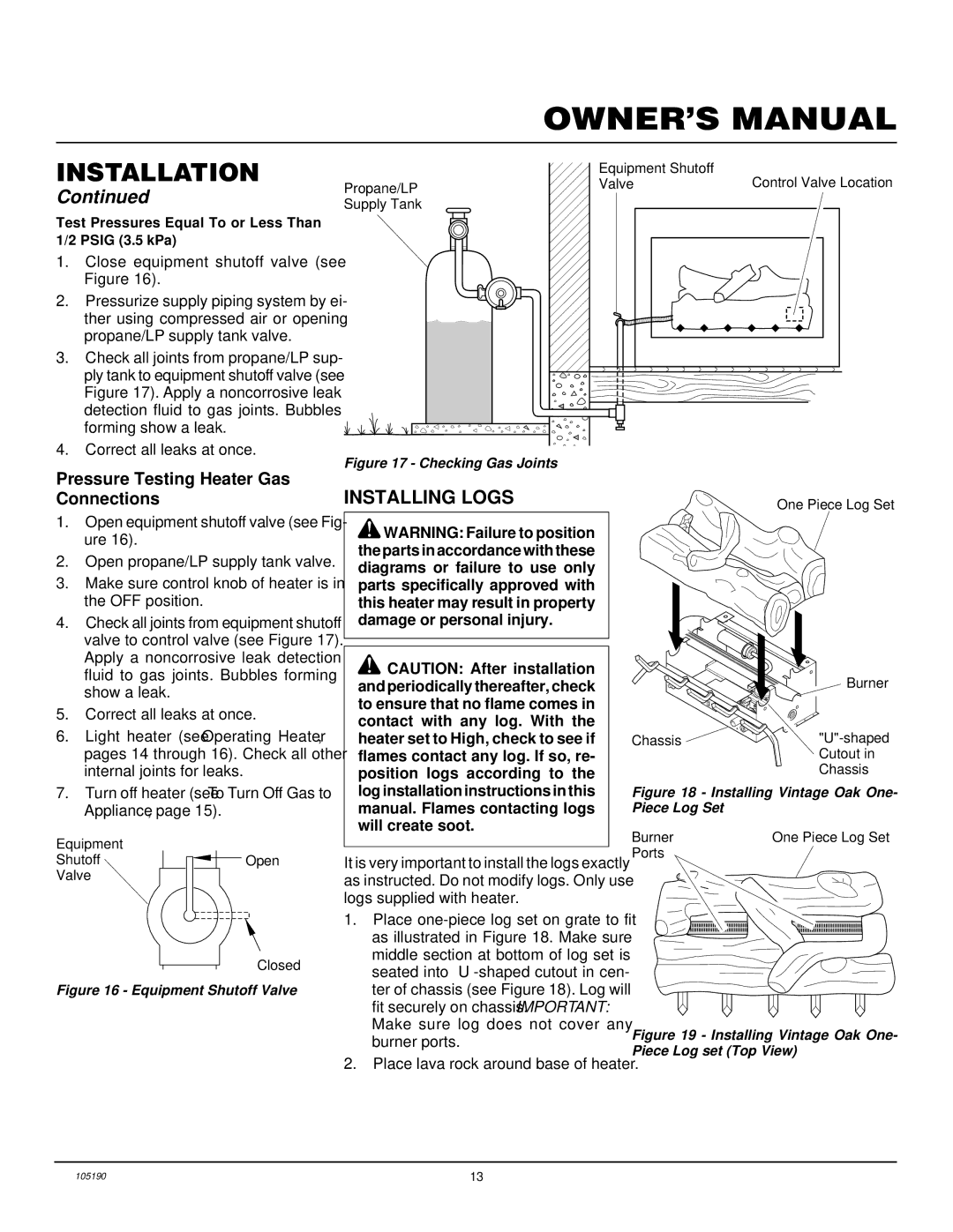 Vanguard Heating VYS30PWA, VYS24PWA, VYS18PWA installation manual Installing Logs, Pressure Testing Heater Gas Connections 