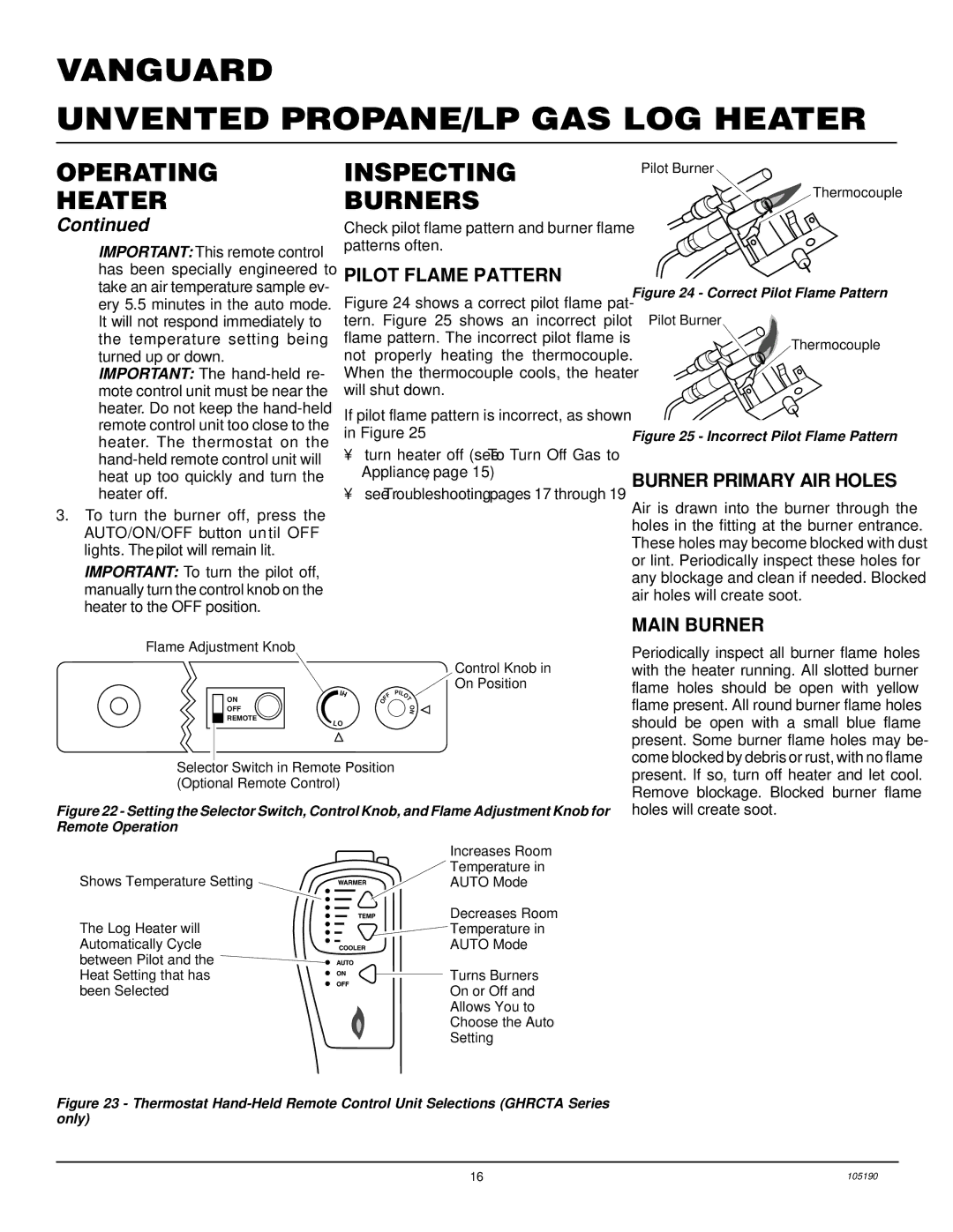 Vanguard Heating VYS30PWA, VYS24PWA Inspecting Burners, Pilot Flame Pattern, Burner Primary AIR Holes, Main Burner 