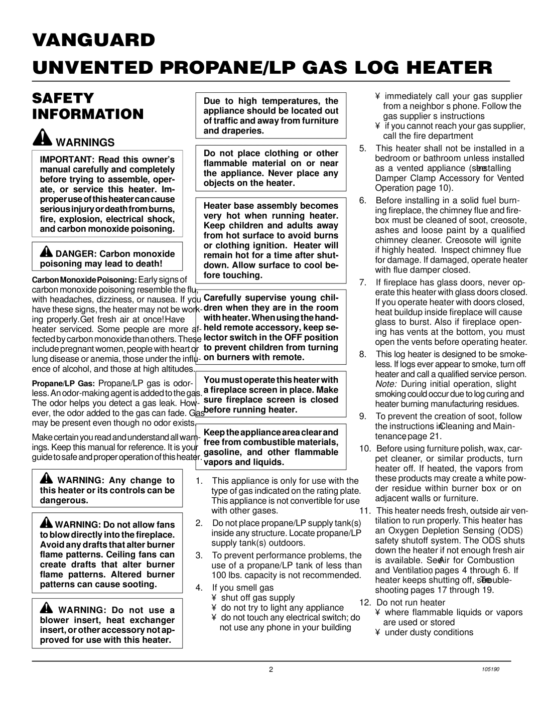 Vanguard Heating VYS18PWA, VYS24PWA, VYS30PWA Vanguard Unvented PROPANE/LP GAS LOG Heater, Safety Information 