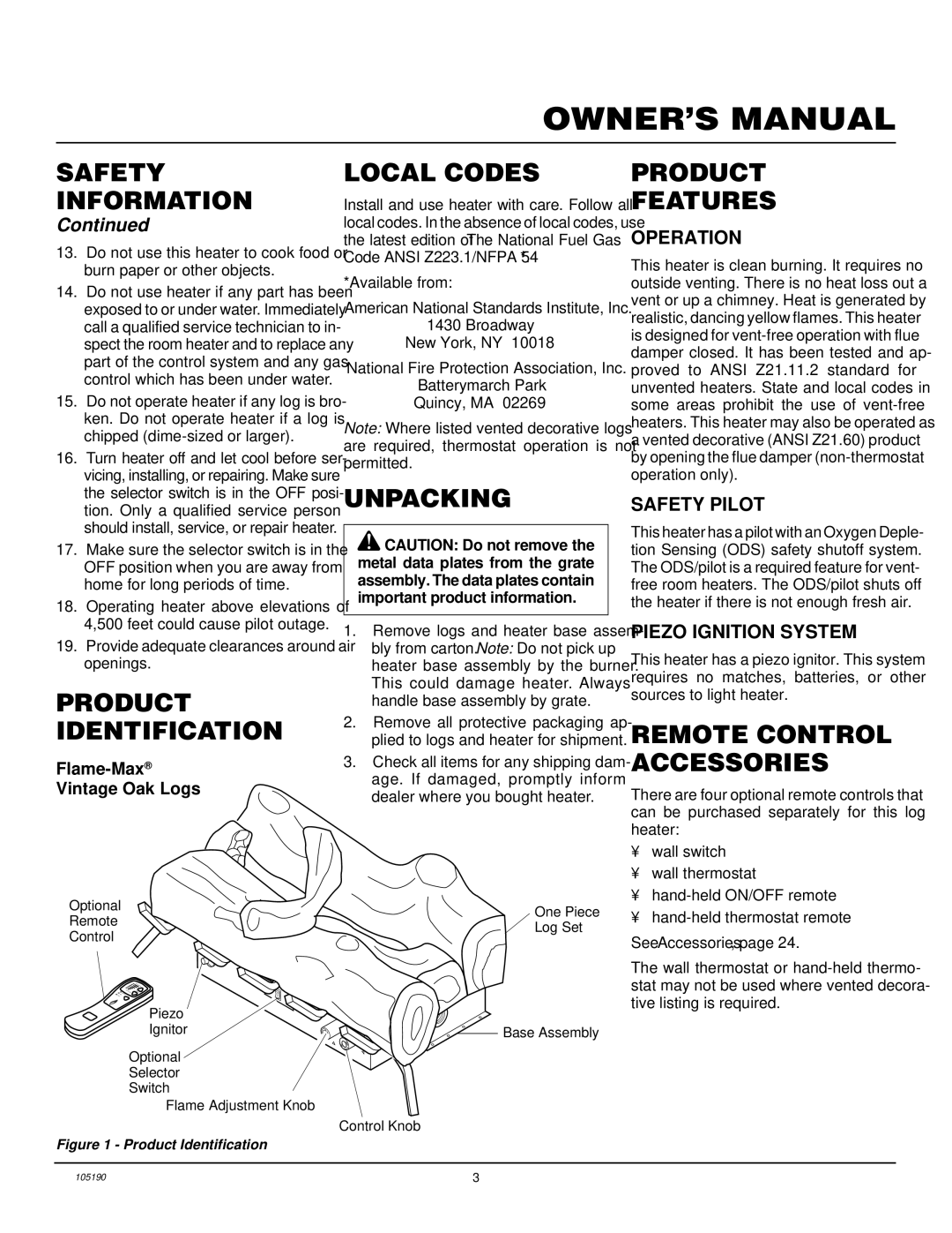 Vanguard Heating VYS24PWA Product Identification, Local Codes, Unpacking, Product Features, Remote Control Accessories 