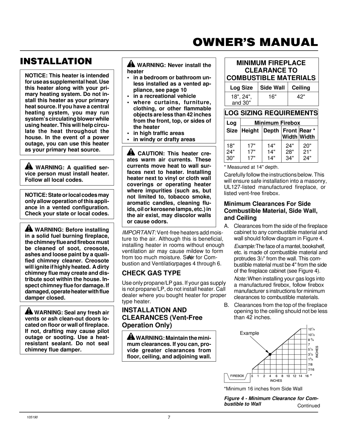 Vanguard Heating VYS30PWA, VYS24PWA Installation, Check GAS Type, Minimum Fireplace Clearance to Combustible Materials 