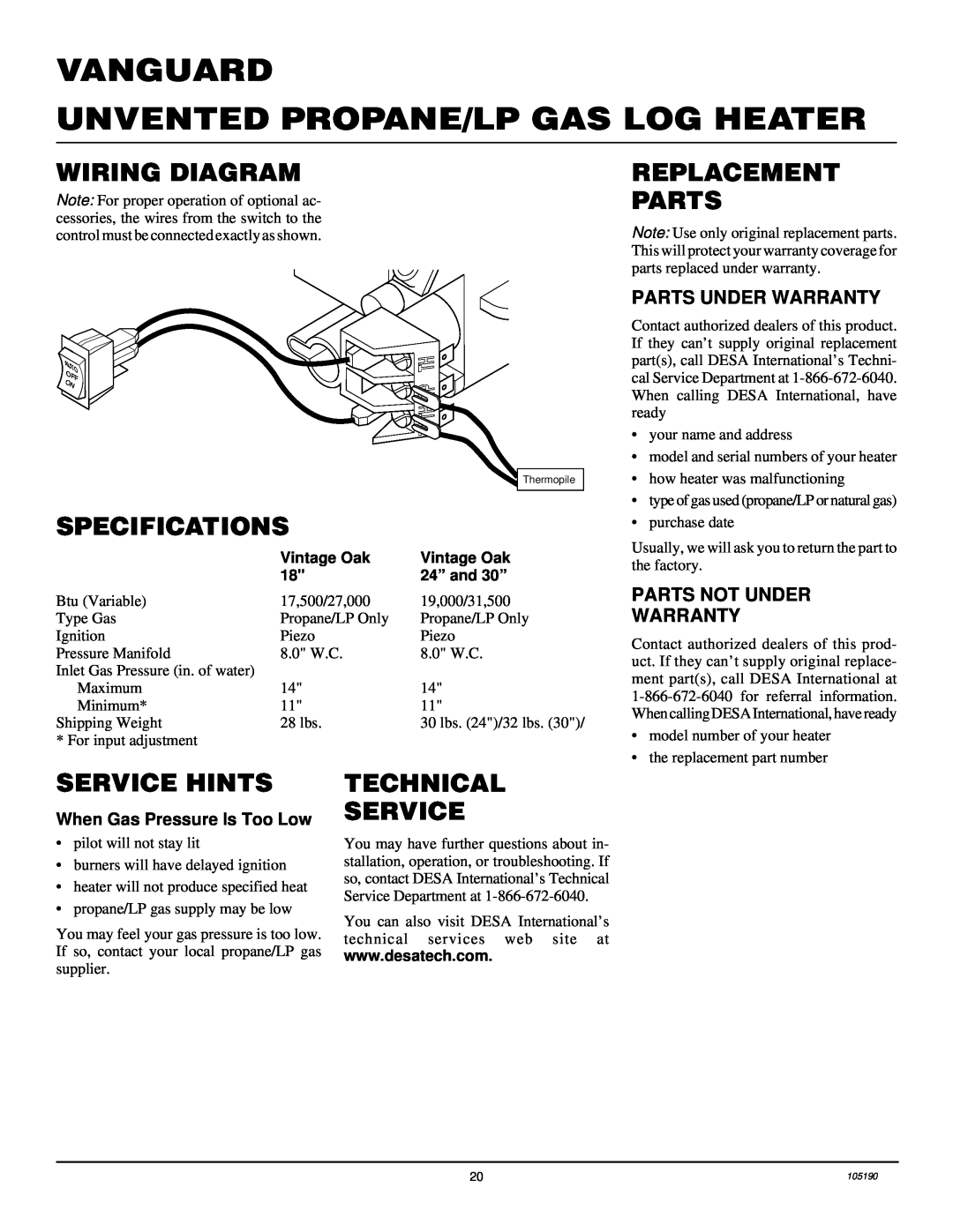 Vanguard Heating VYS18PWA, VYS24PWA Wiring Diagram, Specifications, Replacement Parts, Service Hints, Technical Service 