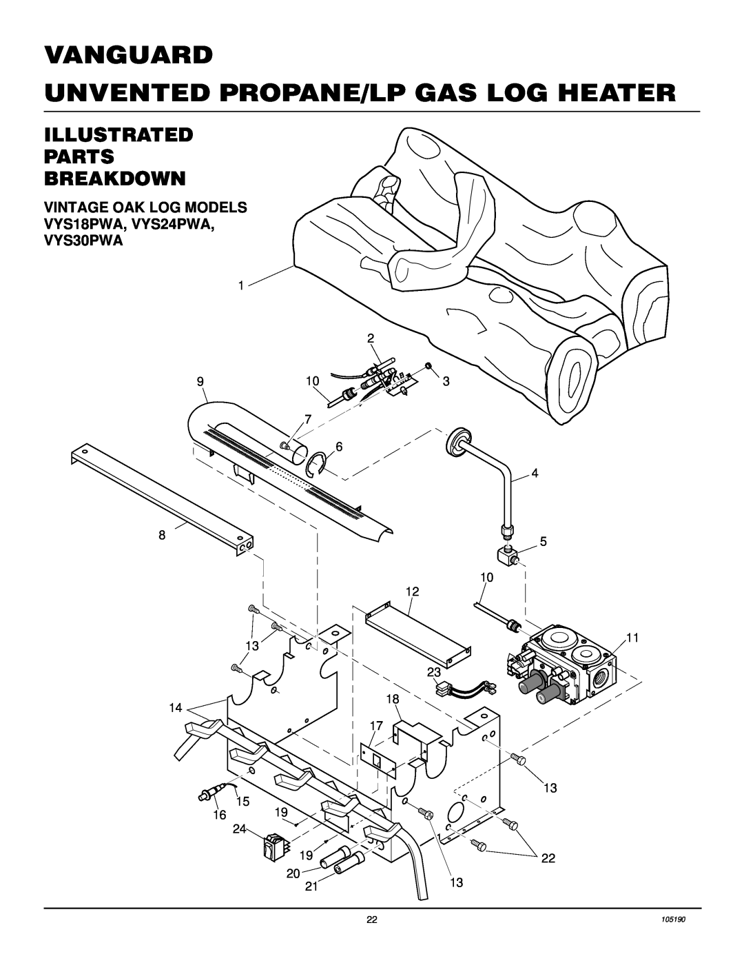 Vanguard Heating VYS30PWA installation manual Illustrated Parts Breakdown, VINTAGE OAK LOG MODELS VYS18PWA, VYS24PWA 