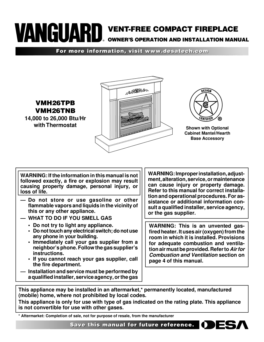 Vanguard Heating WMH26TNB installation manual OWNER’S Operation and Installation Manual, What to do if YOU Smell GAS 