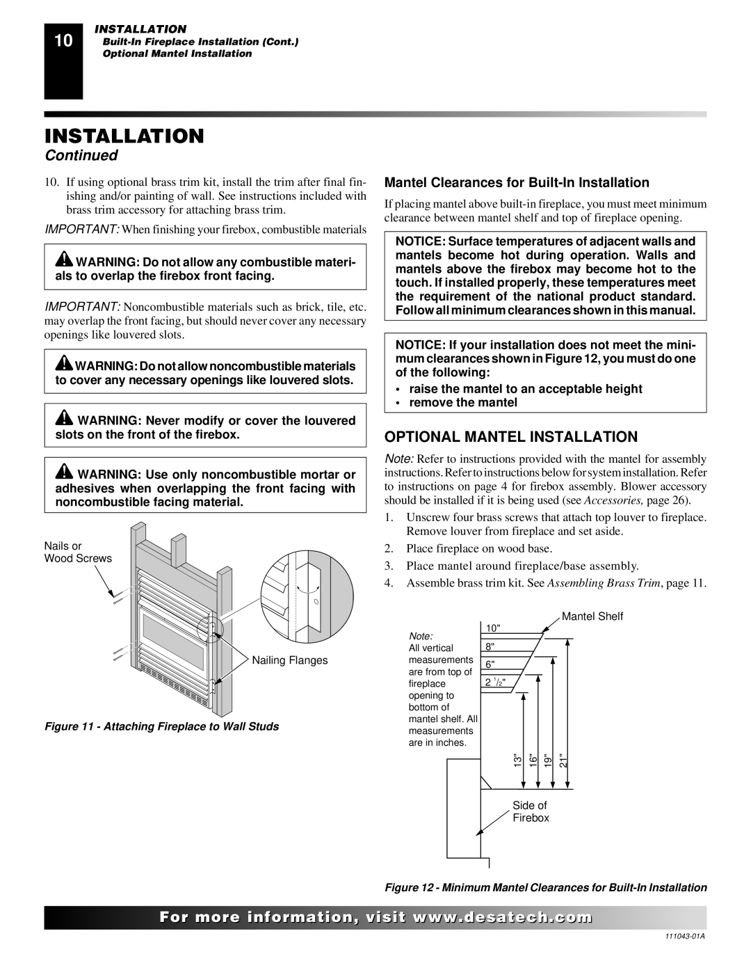 Vanguard Heating WMH26TNB installation manual Optional Mantel Installation, Mantel Clearances for Built-In Installation 