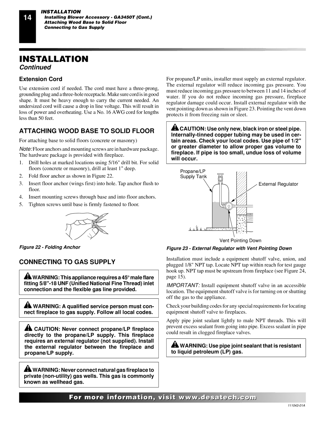 Vanguard Heating WMH26TNB installation manual Attaching Wood Base to Solid Floor, Connecting to GAS Supply, Extension Cord 