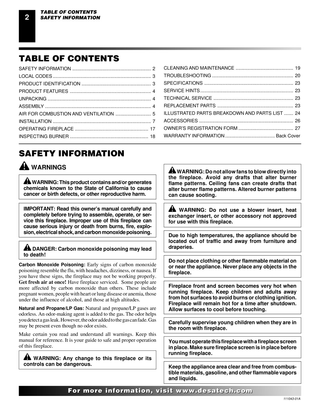 Vanguard Heating WMH26TNB installation manual Table of Contents, Safety Information 