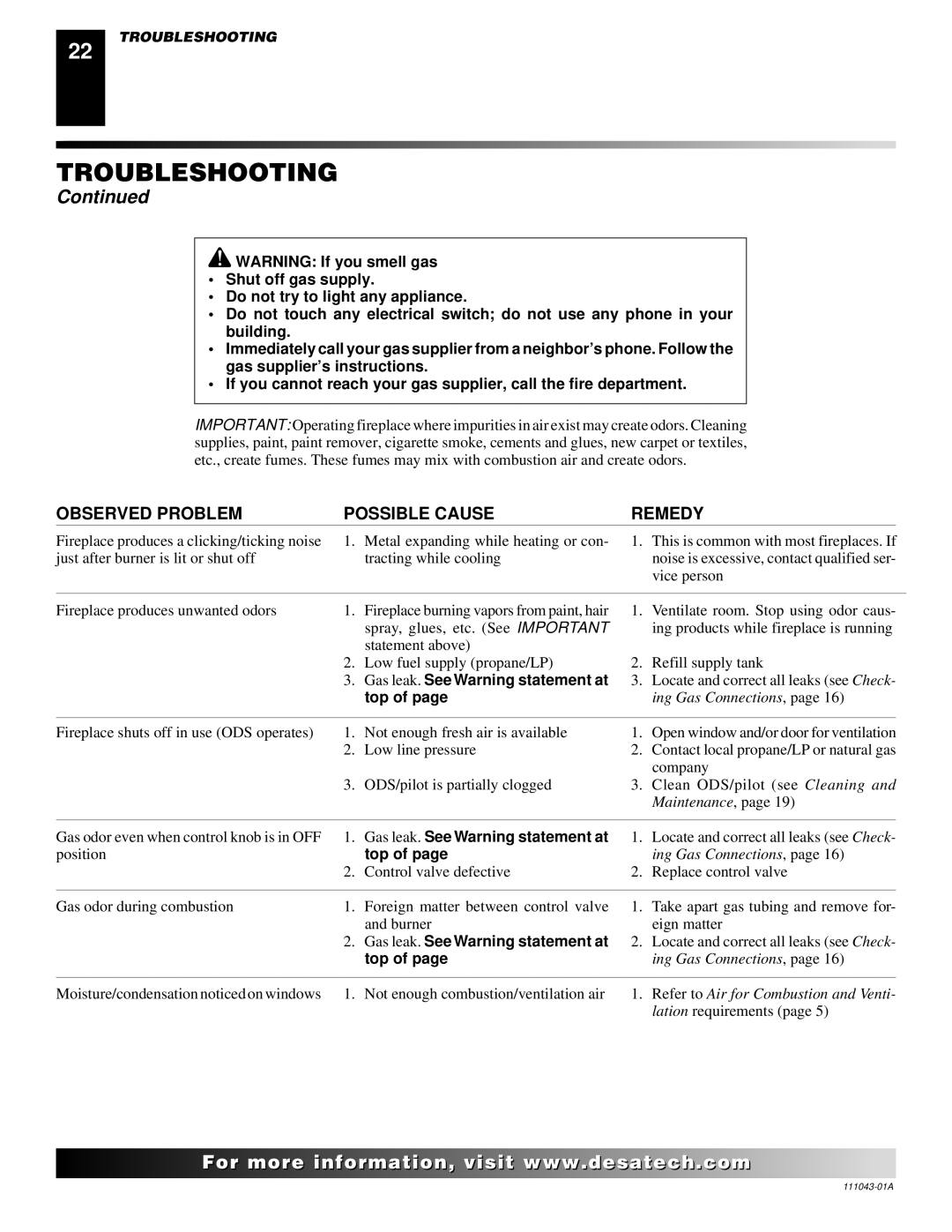 Vanguard Heating WMH26TNB installation manual Gas leak. See Warning statement at 