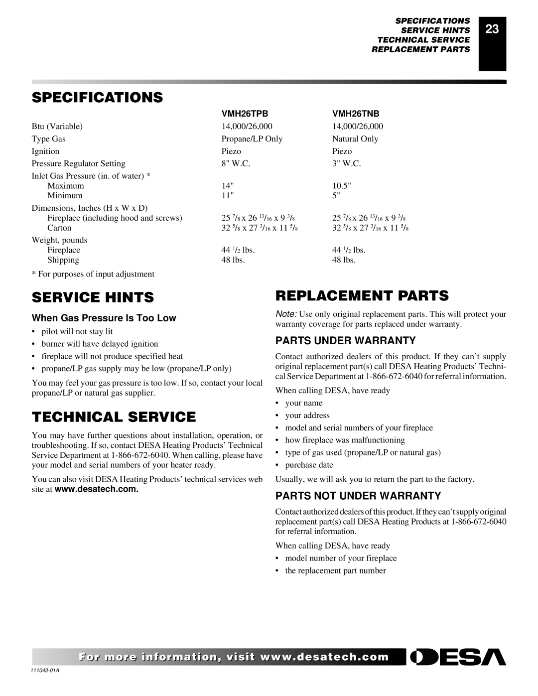 Vanguard Heating WMH26TNB installation manual Specifications, Service Hints, Replacement Parts, Technical Service 